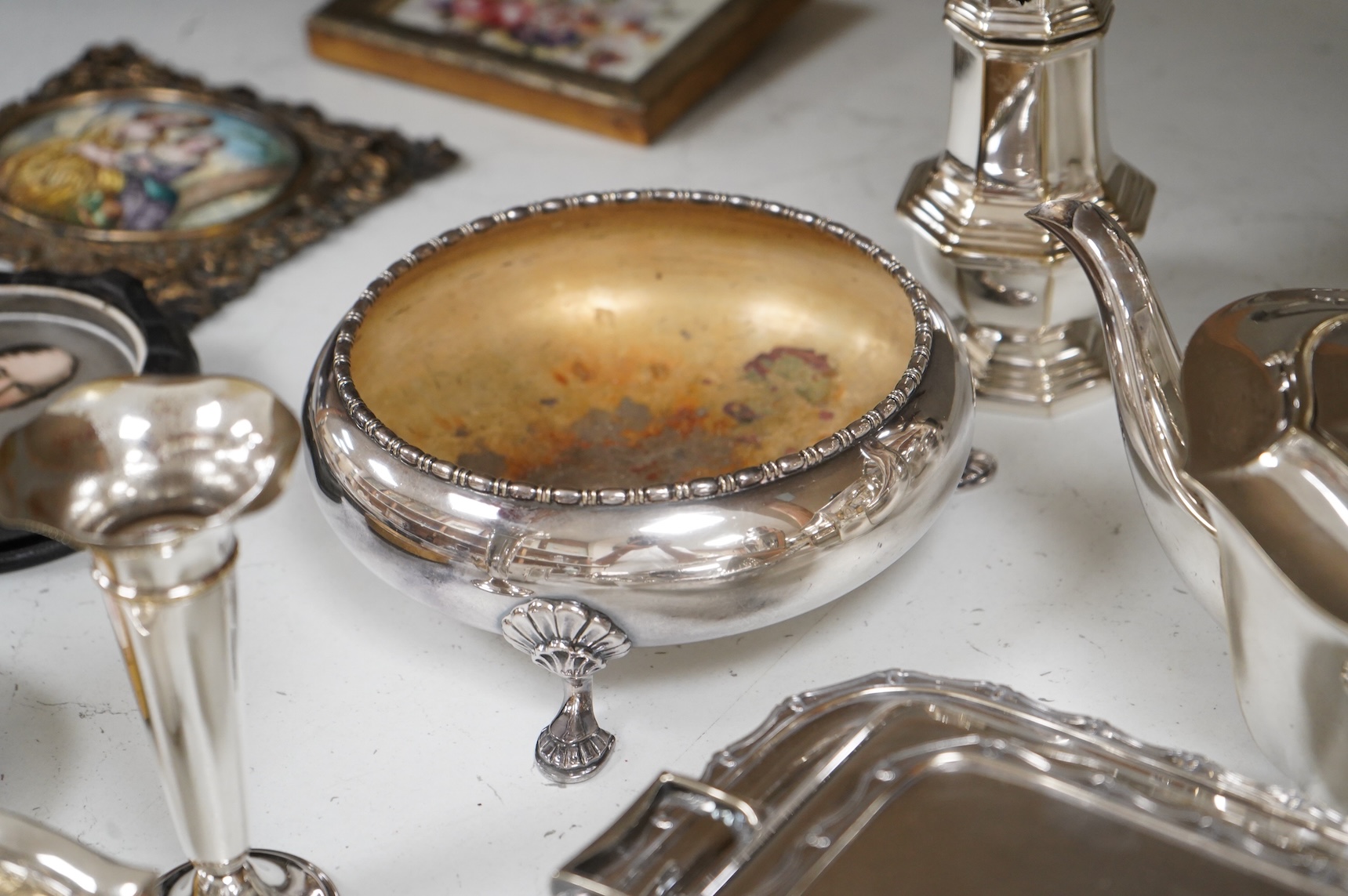 A collection of plated wares to include a vintage cocktail shaker with recipes, wine cooler and two plated entrée dishes including Art deco, largest 29cm wide
